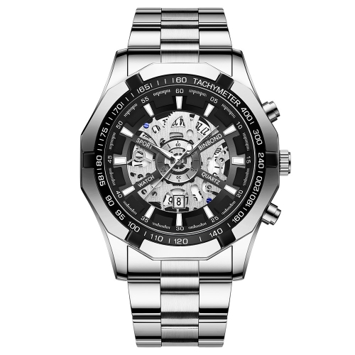 BINBOND S033 Hollowed Mechanical 30m Waterproof Luminous Quartz Watch, Color: White Steel-Black