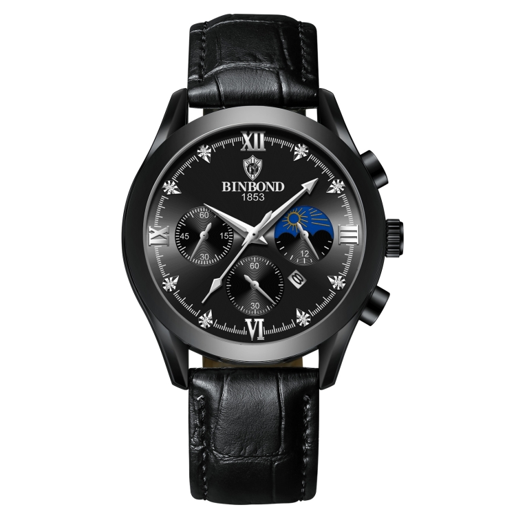 

BINBOND B3591 30m Waterproof Luminous Calendar Men Watch, Color: Black Leather-Black-Black