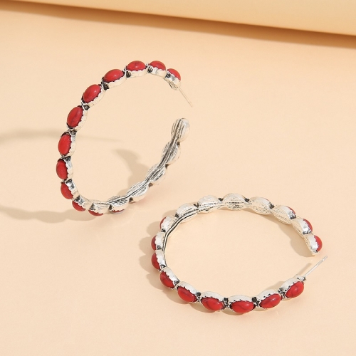 

2 pairs Geometric Large Circle Set Turquoise Earrings Retro C-shaped Hoop Earrings(Red)