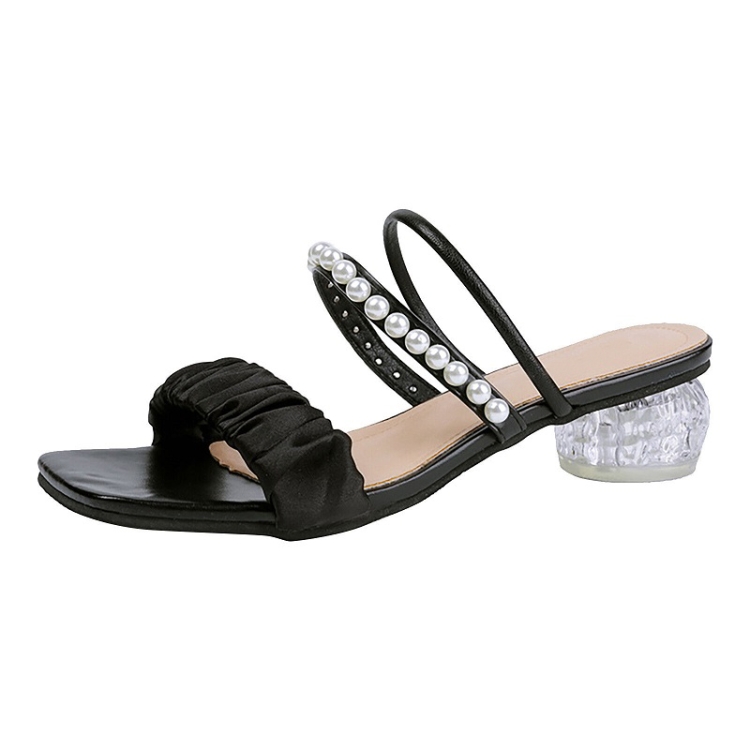

Silk Mesh Pearl Outerwear Crystal Mid-heel Sandals Sippers, Size: 35(Black)
