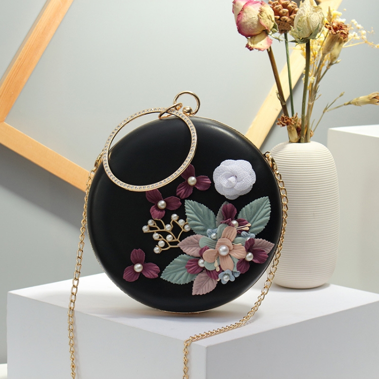 

Oms-107 Flower and Pearls Embellished Handbag Metal Buckle Chain Shoulder Bag(Black)