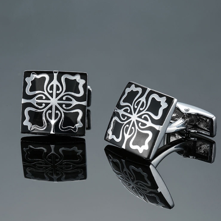 

2 pairs Men Clover Rose Pattern Cufflinks, Color: Black Flower Pattern