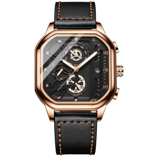 

BINBOND B6577 30M Waterproof Luminous Square Quartz Watch, Color: Black Leather-Rose Gold