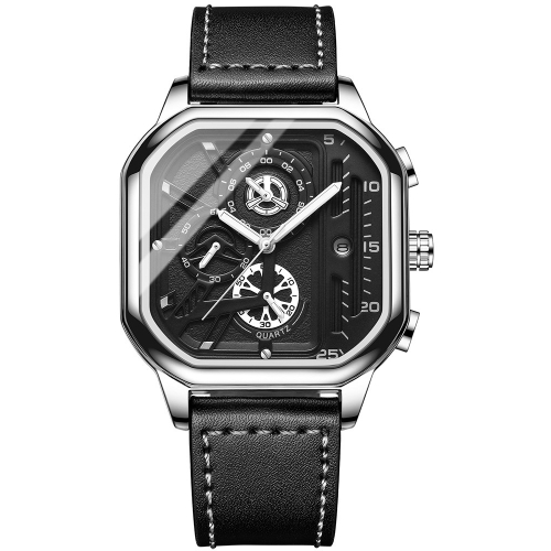 

BINBOND B6577 30M Waterproof Luminous Square Quartz Watch, Color: Black Leather-White-White