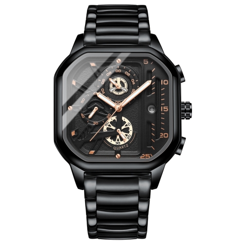 

BINBOND B6577 30M Waterproof Luminous Square Quartz Watch, Color: Black Steel-Black-Rose Gold