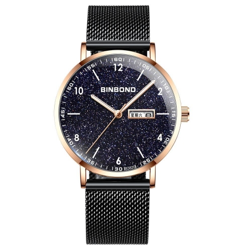 

BINBOND B3820 30M Waterproof Ultra-thin Quartz Luminous Starry Watch, Color: Black Net-Rose Gold-Starry