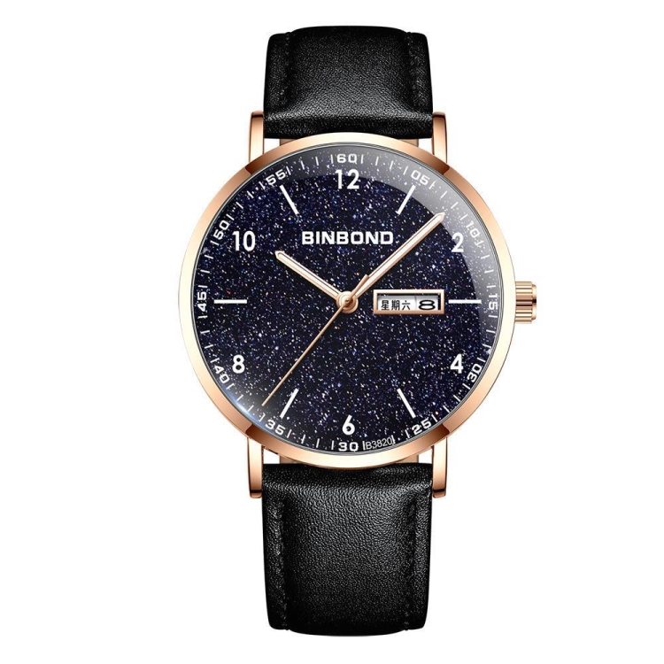 

BINBOND B3820 30M Waterproof Ultra-thin Quartz Luminous Starry Watch, Color: Black Leather-Rose Gold-Starry