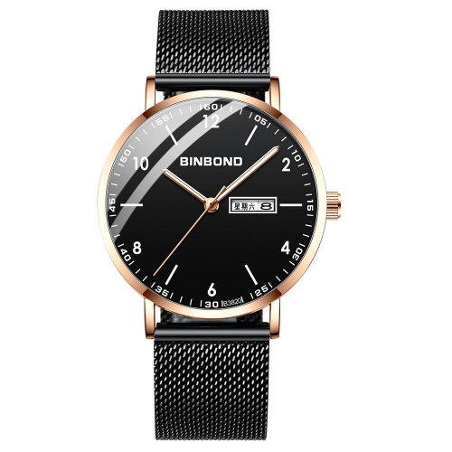 

BINBOND B3820 30M Waterproof Ultra-thin Quartz Luminous Starry Watch, Color: Black Net-Rose Gold-Black