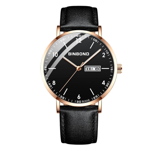 

BINBOND B3820 30M Waterproof Ultra-thin Quartz Luminous Starry Watch, Color: Black Leather-Rose Gold-Black