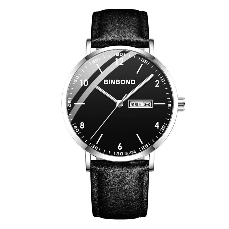 

BINBOND B3820 30M Waterproof Ultra-thin Quartz Luminous Starry Watch, Color: Black Leather-White-Black