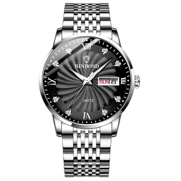 

BINBOND B3034 Diamond 30m Waterproof Business Watch Men's Butterfly Buckle Luminous Quartz Watch(White Steel-Black)