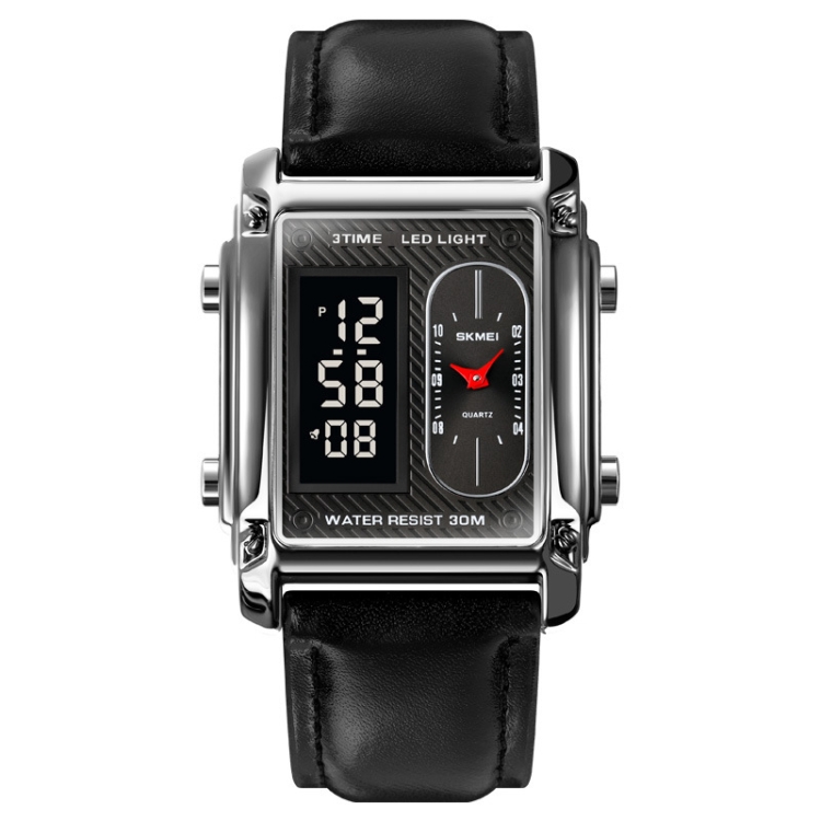 

SKMEI 1868 Square Double Display Waterproof Men Watch, Style: Leather Belt (Silver)