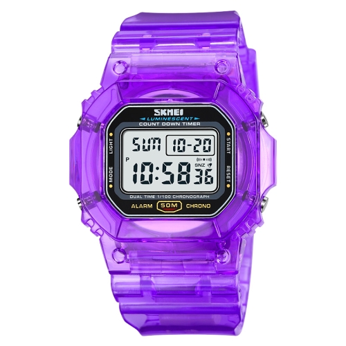 

SKMEI 1999 Outdoor Sports Simple Transparent Shell Waterproof Alarm Clock Watch(Purple)