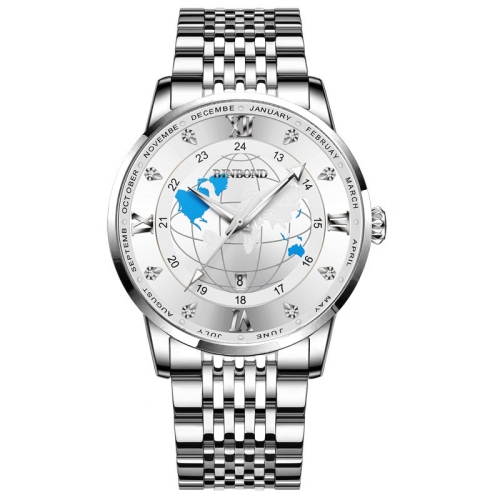 

BINBOND B1117 30M Waterproof Earth Dial Butterfly Buckle Luminous Quartz Watch(White Steel-White)