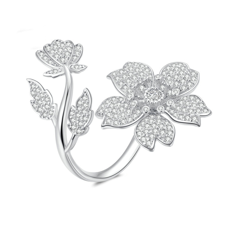 

BSR076 Sterling Silver S925 White Gold Plated Zircon Cherry Blossom Open Adjustable Ring