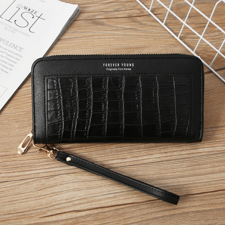 

Single Zipper Ladies Wallet Long Wallet Crocodile Coin Purse Student Clutch(Black)