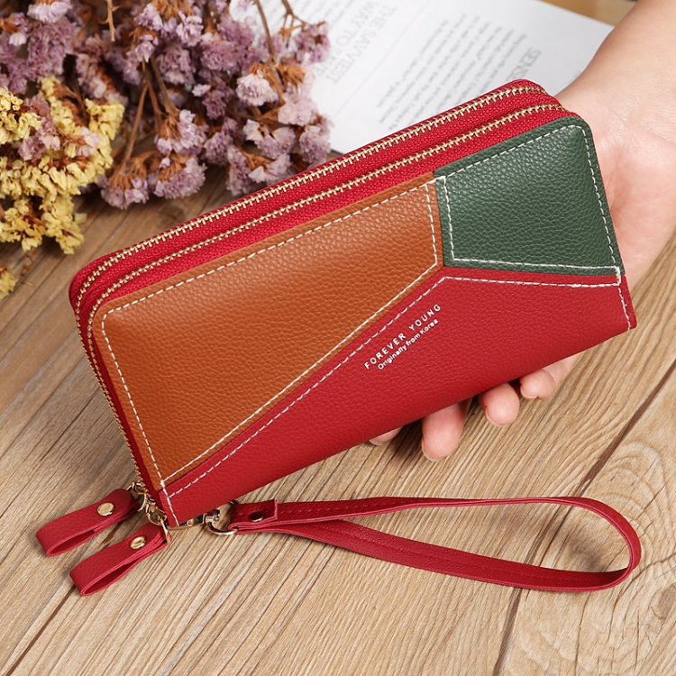 

Double Zipper Lady Long Purse Splicing Coin Phone Bag(Red)