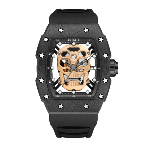 

BAOGELA 224141 Hollow Skull Luminous Sports 304 Stainless Steel Silicone Men Watch(Black Shell Rose Face Black Belt)