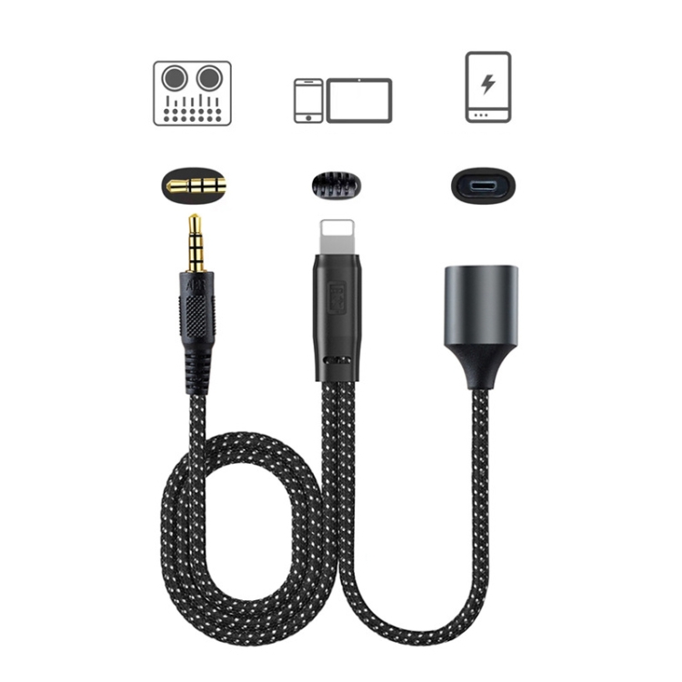

T42B 3.5mm Male+8 Pin Male+8 Pin Female Live OTG Sound Card Cable Mobile Phone Charging Audio Recording Data Cable