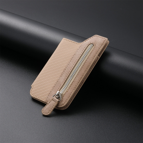 

Phone ID Card Holder PU Leather Flap Zipper Wallet Card Holder Bag Adhesive Case(Khaki Apricot)
