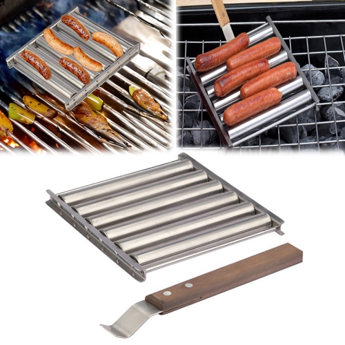 

Hot Dog Sausage Grill Stainless Steel Wooden Handle BBQ Rack Kitchen Tools(Boxed)