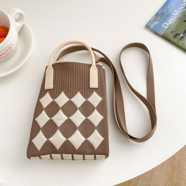 

Woven Mini Single-Shoulder Phone Bag Spring Summer Cute Color Matching Handbag(Khaki Diamond)