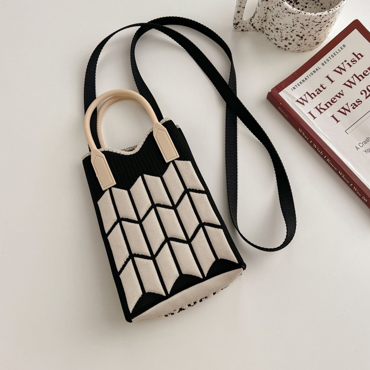 

Woven Mini Single-Shoulder Phone Bag Spring Summer Cute Color Matching Handbag(Black Wheat)