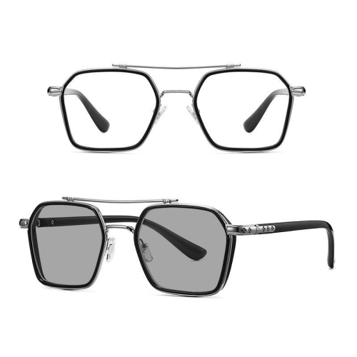 

Double-beam Polarized Variable Color Eyeglasses Non-degree Flat Glasses, Lens: Change Grey(Black Silver Frame)