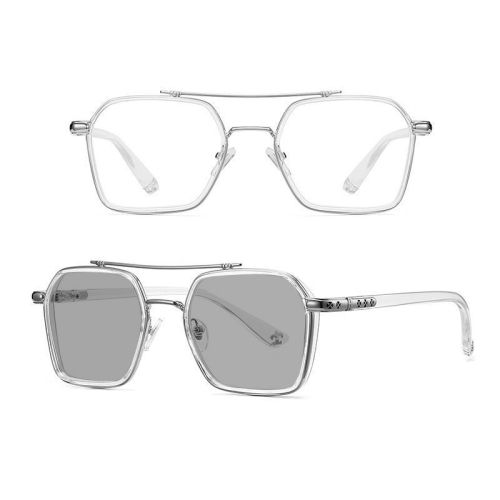 

Double-beam Polarized Variable Color Eyeglasses Non-degree Flat Glasses, Lens: Change Grey(Transparent Silver Frame)