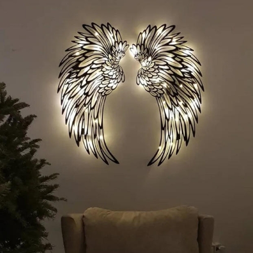 

1pair 30cm Double Sided Black Engraved Metal LED Angel Wings Wall Hanging Decoration With Lights