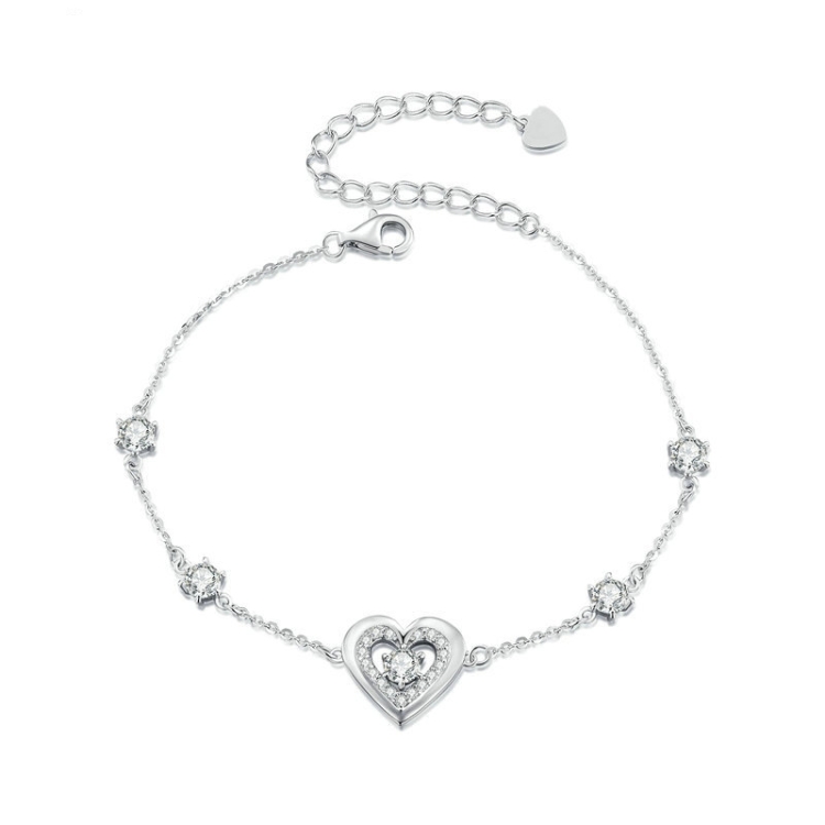 

BSB136 S925 Sterling Silver Sparkling Double Heart Bracelet Jewelry
