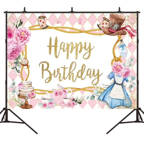 

210 x 150cm Pink Flowers Cake Cartoon Birthday Background Cloth Birthday Decoration Banner Hanging Flags