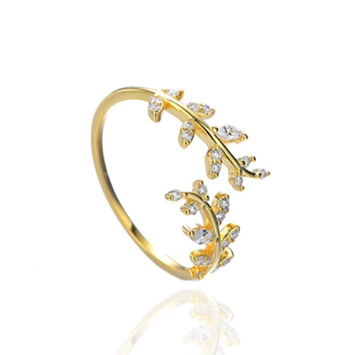 

Willow Leaf Opening Sterling Silver Simple Zirconia Tree Branch Ring Bracelet(Golden)