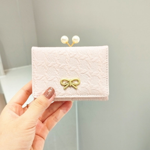 

Ruched Textured Bow Pearl Clip Tri-Fold Short Wallet(Light Pink)