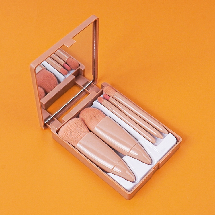 

5pcs/Set Medium Portable Makeup Brush Set With Mirror Mini Multifunctional Makeup Brush(Brown)