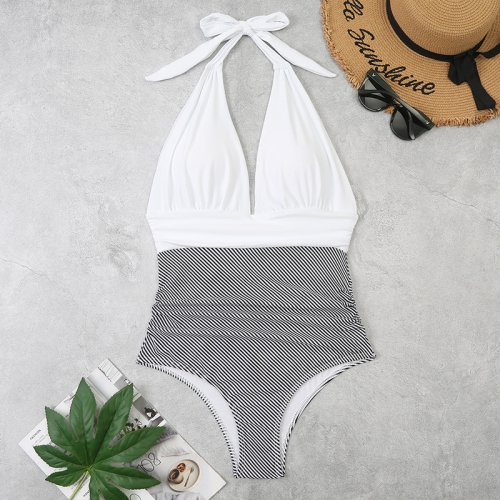 

Summer One-piece Backless Lace-Up Ladies Swimsuit Floral-print Halter Bikini, Size: S(White+Oblique Strip)