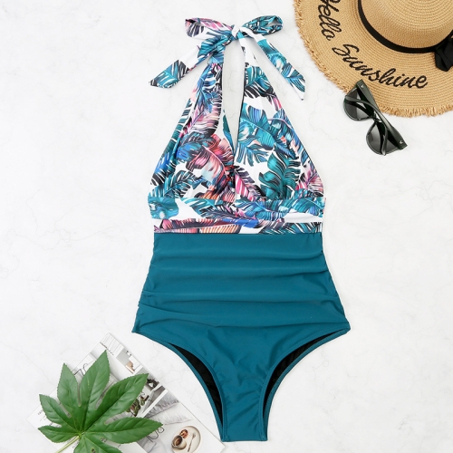 

Summer One-piece Backless Lace-Up Ladies Swimsuit Floral-print Halter Bikini, Size: S(Flower+Dark Green)