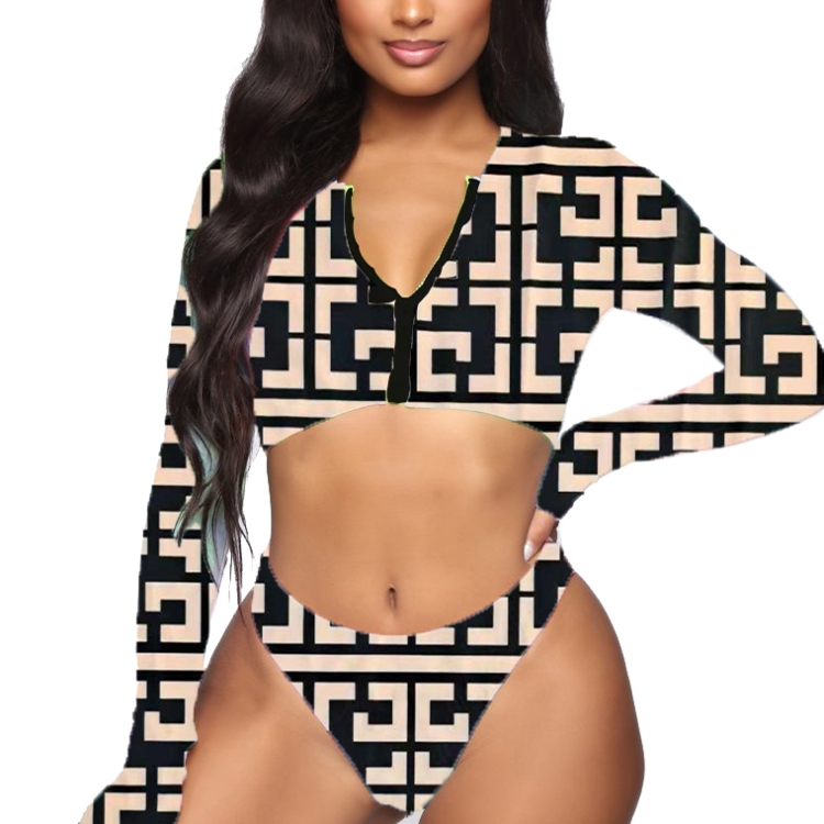 

Summer Color Matching Sexy Bikini Two-piece High-Waisted Long-sleeved Swimsuit, Size: S(Black)