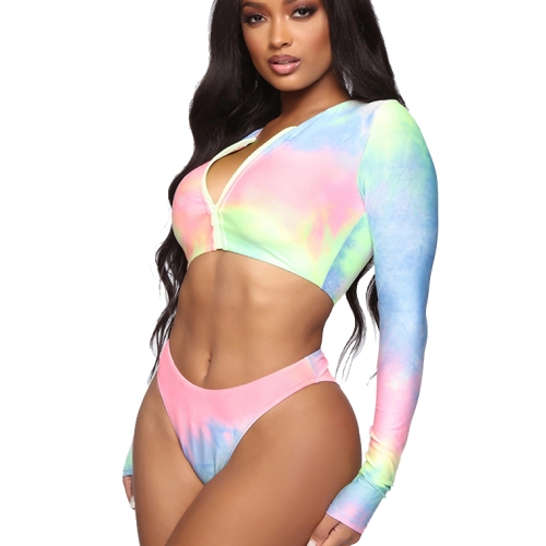 Summer Color Matching Sexy Bikini Two-piece High-Waisted Long-sleeved  Swimsuit, Size: XL(Gradient)