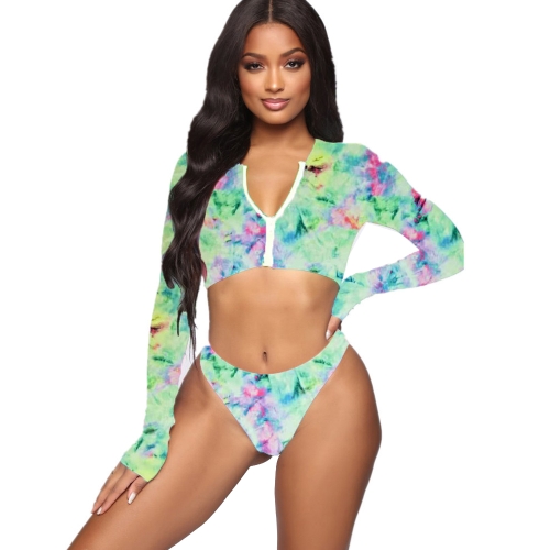 

Summer Color Matching Sexy Bikini Two-piece High-Waisted Long-sleeved Swimsuit, Size: XL(Green)