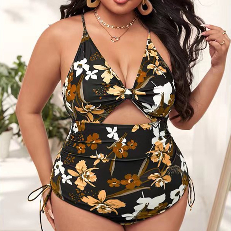 

Digital Printing One-Piece Bikini Drawstring Lace-Up Halter Swimsuit, Size: L(3)