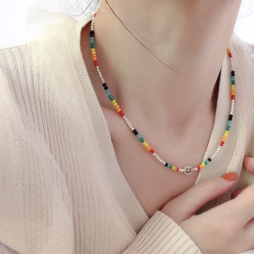 

Colorful Beaded Smiley Necklace Womens Clavicle Chain, Style: Elastic Rope Style