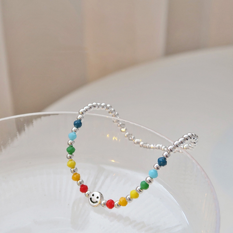 

925 Silver Plated Rainbow Smile Beaded Bracelet Ladies Jewelry, Color: Smile Face