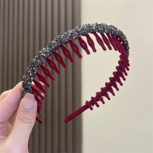 

2pcs Acrylic Hair Accessories Flocking Cloth Rhinestone Wave Non-slip Headband with Comb Teeth(Red)