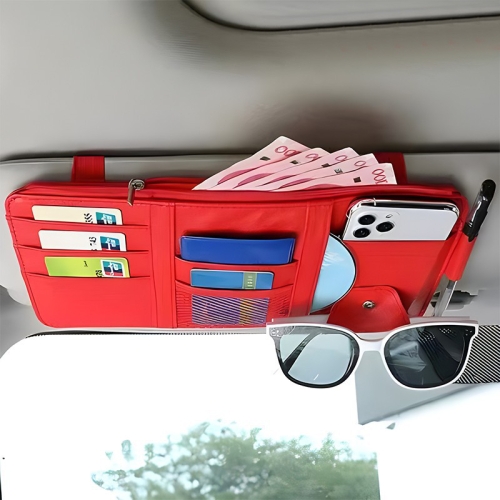 Auto-Sonnenblende, dekorative Aufbewahrung, Geldschein-Brillenhalter,  Farbe: Rot, mit Reißverschluss