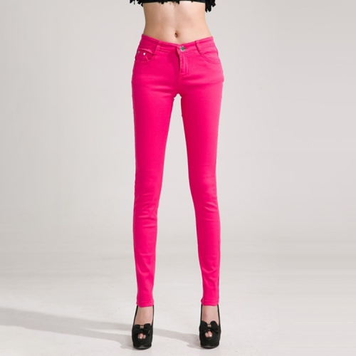 

Mid-Waist Stretch Candy-Colored Tight Trousers Look-Sliming Jeans, Size: 26(Rose Red)