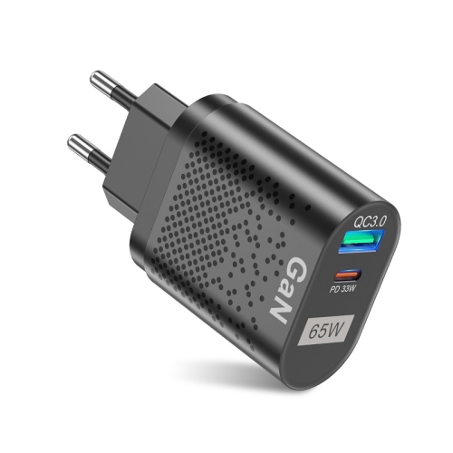 

BK375-GaN EU Plug USB+Type-C 65W GaN Mobile Phone Charger PD Fast Charge Computer Adapter, Color: Black