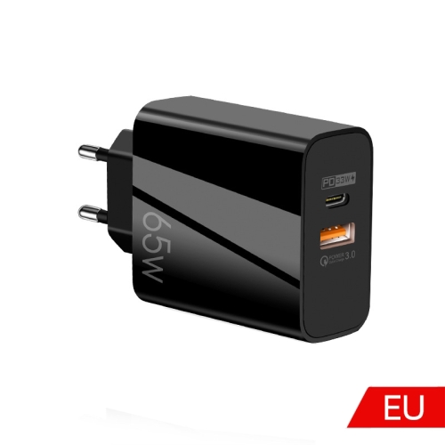 A502 65W USB-C/Type-C+USB Dual Port GaN Charger QC3.0 Laptop Universal Charger EU Plug Black