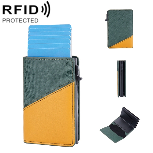 Baellerry RFID Anti-theft Aluminum Box Leather Wallet Side Push Contrasting Antimagnetic Card Holder(Green) trading card sleeves card holder baseball card protectors clear soft sleeves baseball card sleeves card holder baseball card