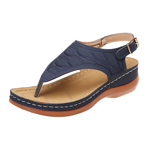 

PU Leather Flip Flop Sandals Roman Style Adjustable Strap Sandals, Size: 35(Navy Blue)